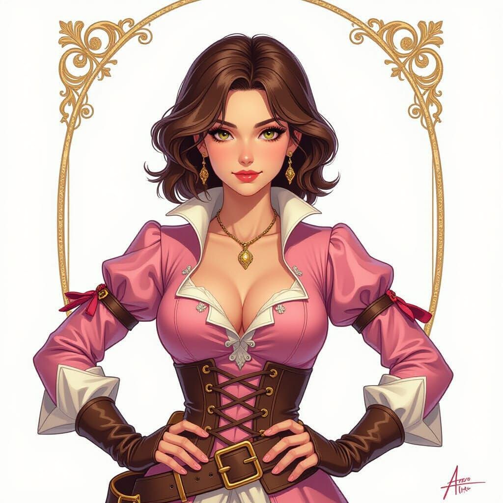 Pirate Captain Woman in Pink Dress, Anime Style