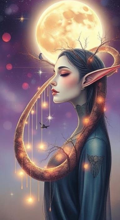 Ethereal Elf Portrait with Moonlit Dreamscape