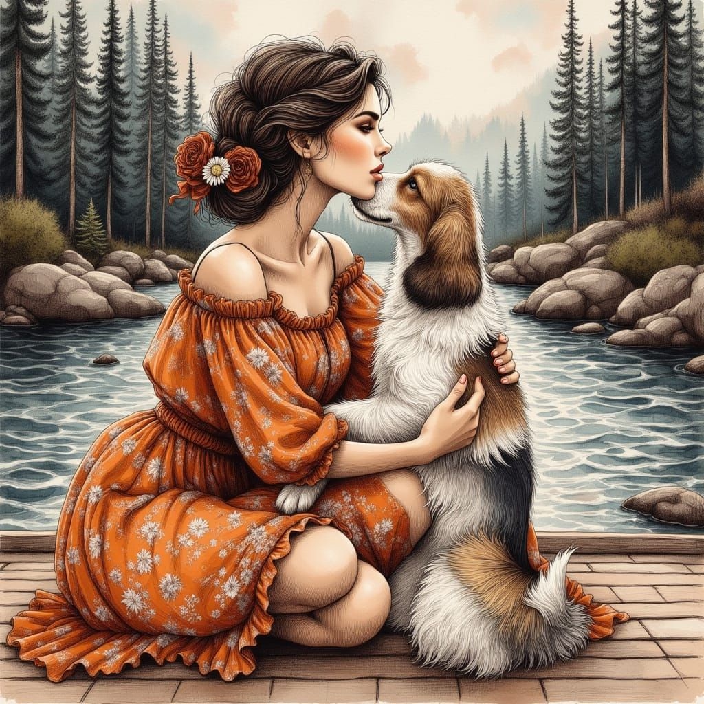 Woman and Dog by River in Forest Oil Watercolor Painting