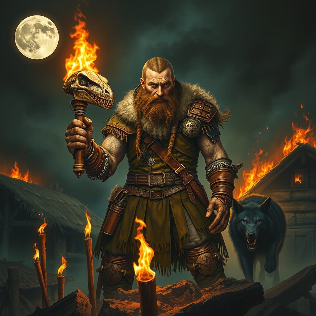 Slavic Warrior in a Burning Village