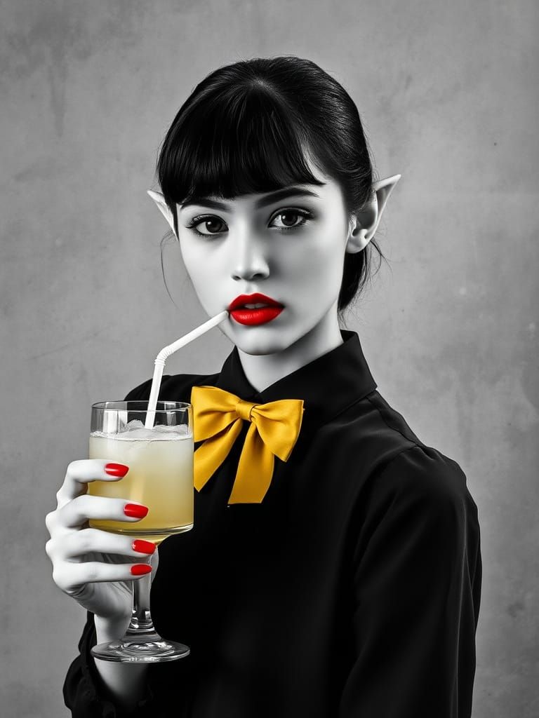 Monochrome Photo of Woman with Red Lipstick Accent