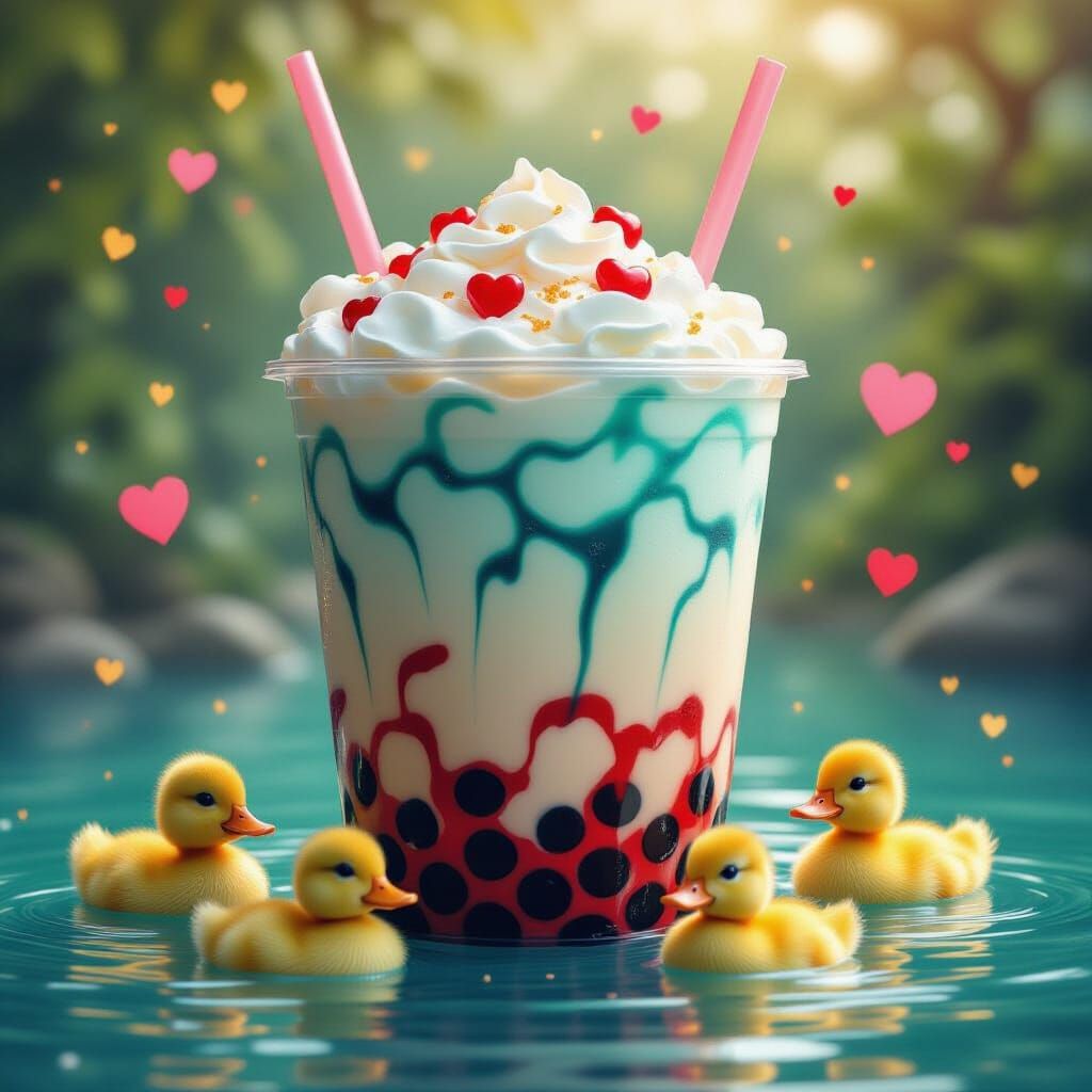 Realistic Bubble Tea with Ducks & Hearts, Gold Accents