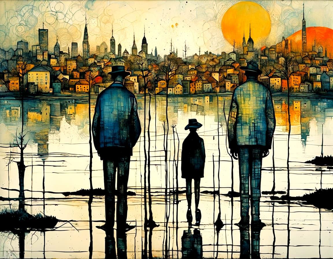 Surreal Ink Landscape Blending Cityscape in Folk Art Style