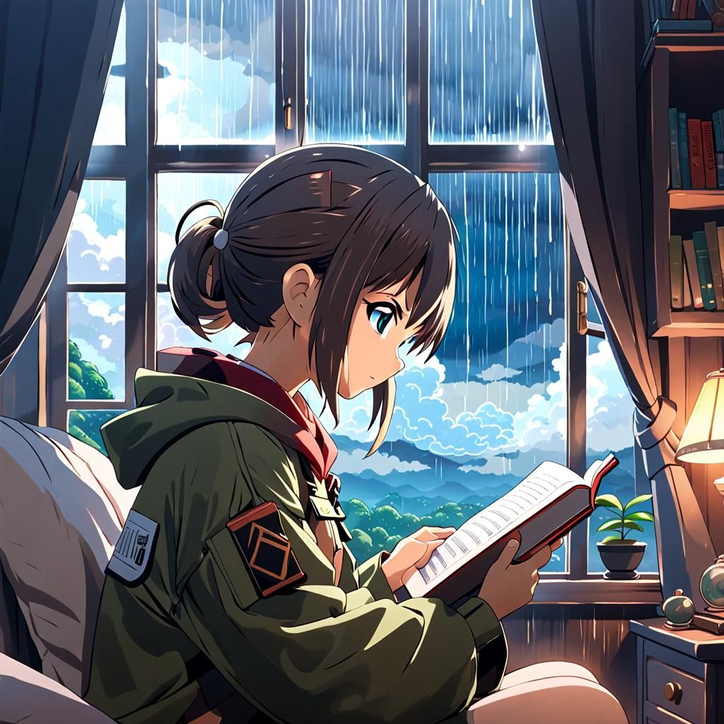 Researcher Reading During Rain: Striking Anime Art