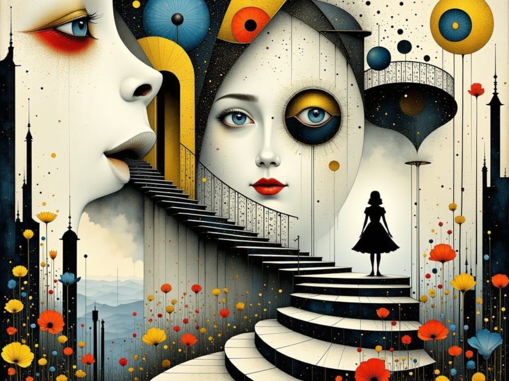 Surreal Wonderland Scene in Klimt-Inspired Black and White S...