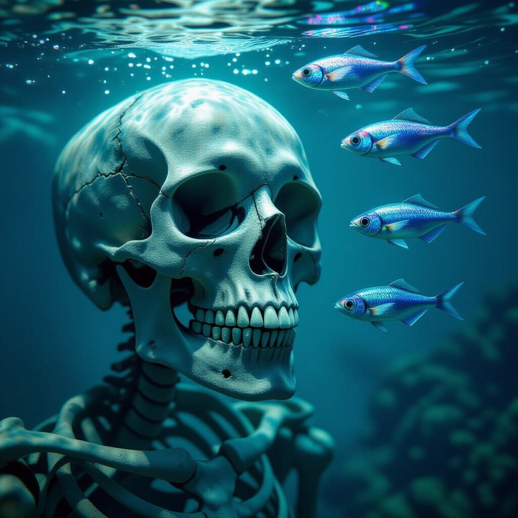Underwater Skeleton with Glowing Algae, Ethereal Digital Art