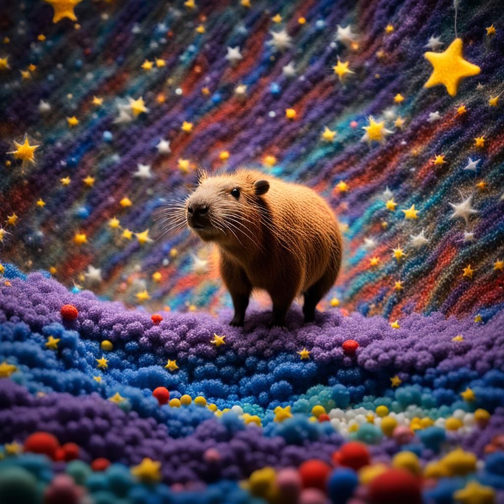 Magical Knitted Capybara in Starry Night Explosion