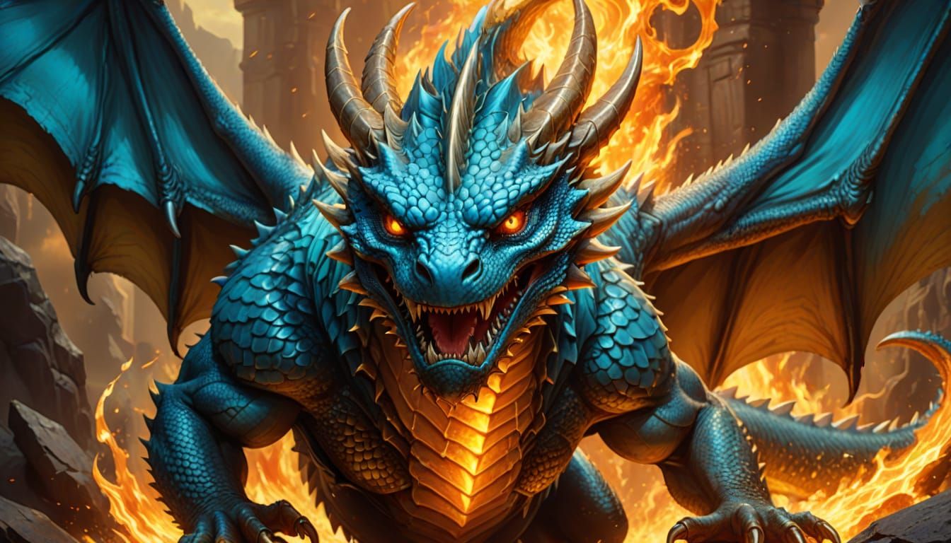 Energetic Baby Blue Dragon Destroys: Fantasy Concept Art