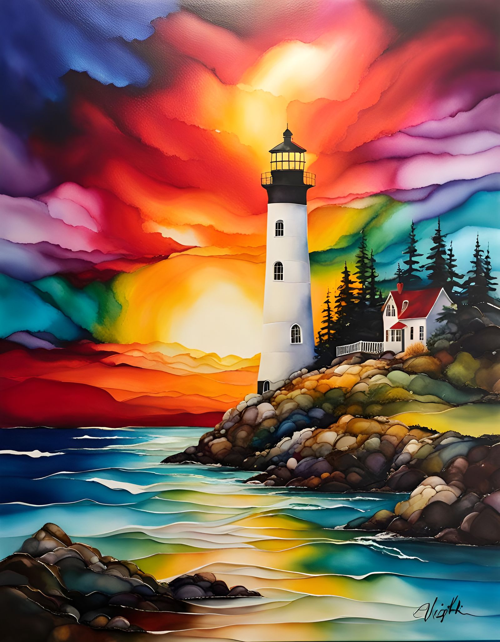 Vibrant Alcohol Ink Landscape of Ocean and Lighthouse Under ...