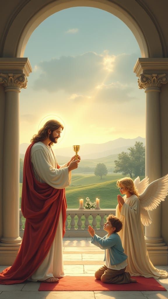 Sacred Catholic Artwork of Jesus and a Young Boy in a Heaven...