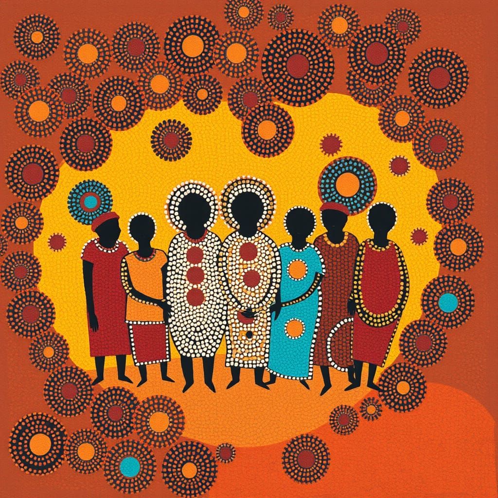 Australian Aboriginals in Vibrant Village Scene