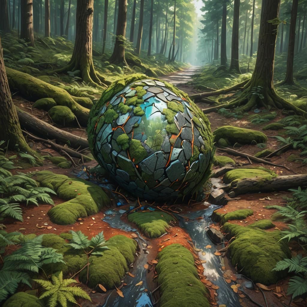 Stone on Forest Road in Hyperrealistic Splash Art