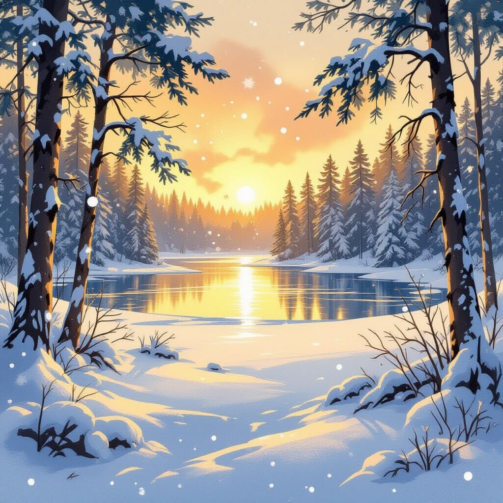 Serene Winter Forest with Frozen Lake and Golden Light