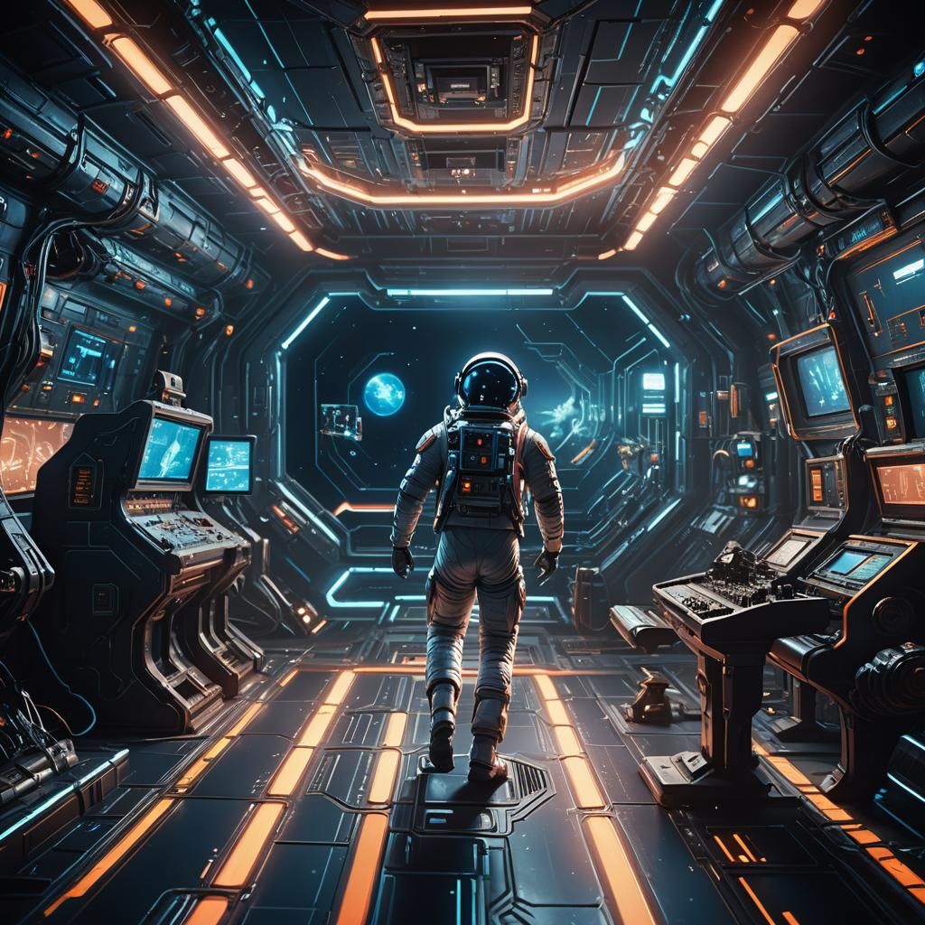 Astronaut Alien Confrontation in Neon Sci-Fi Control Room