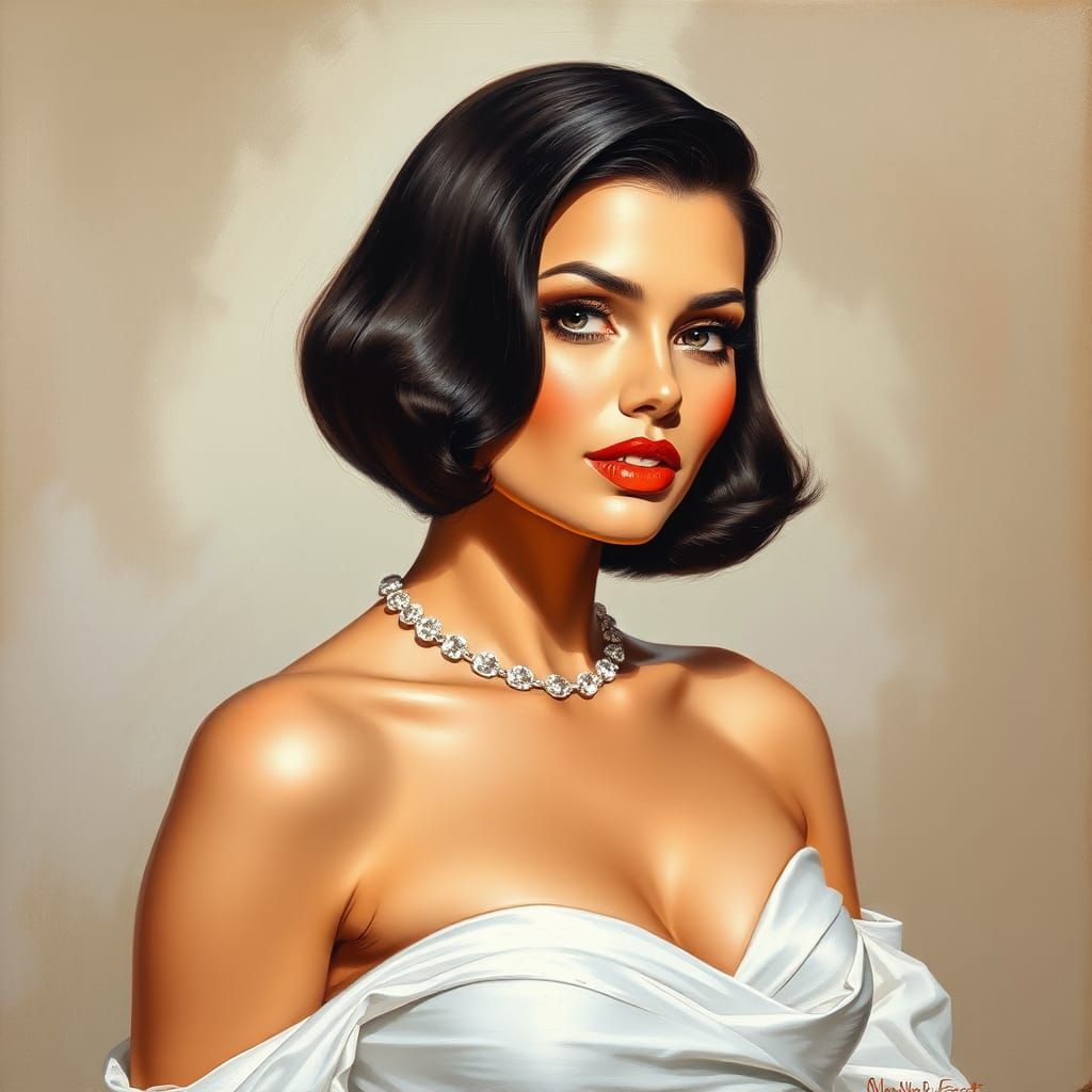 Glamorous Woman in White Gown, Pin-Up Style