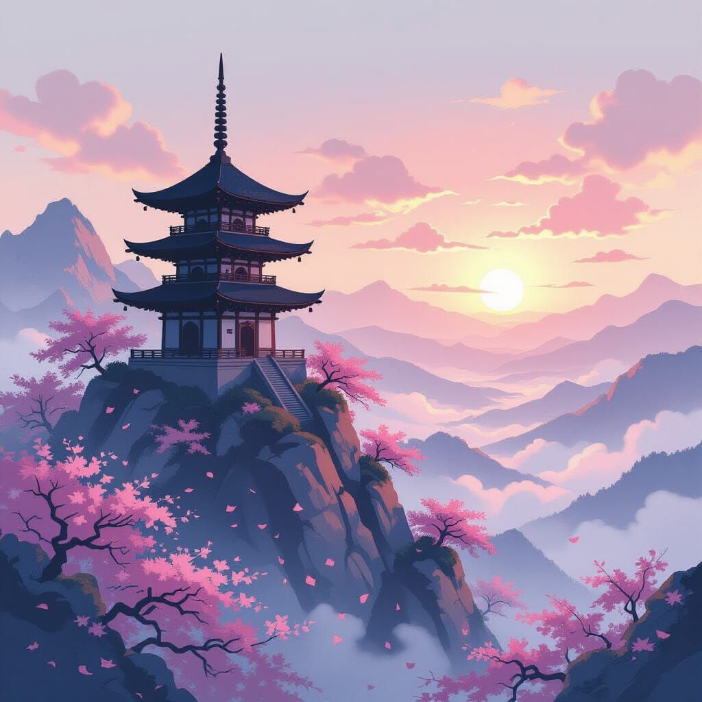 Pagoda on Misty Peak in Ink Wash Style