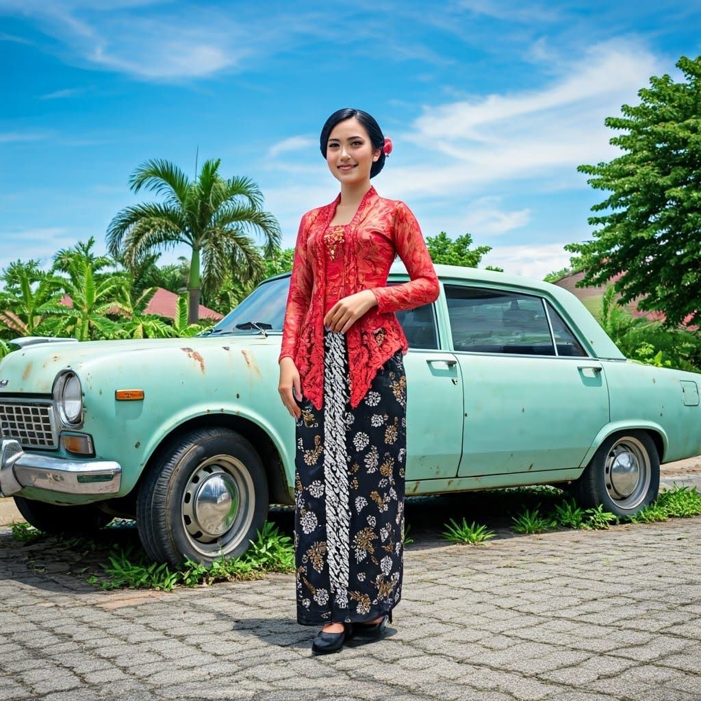 Sundanese Woman in Elegant Kebaya and Batik Sarong