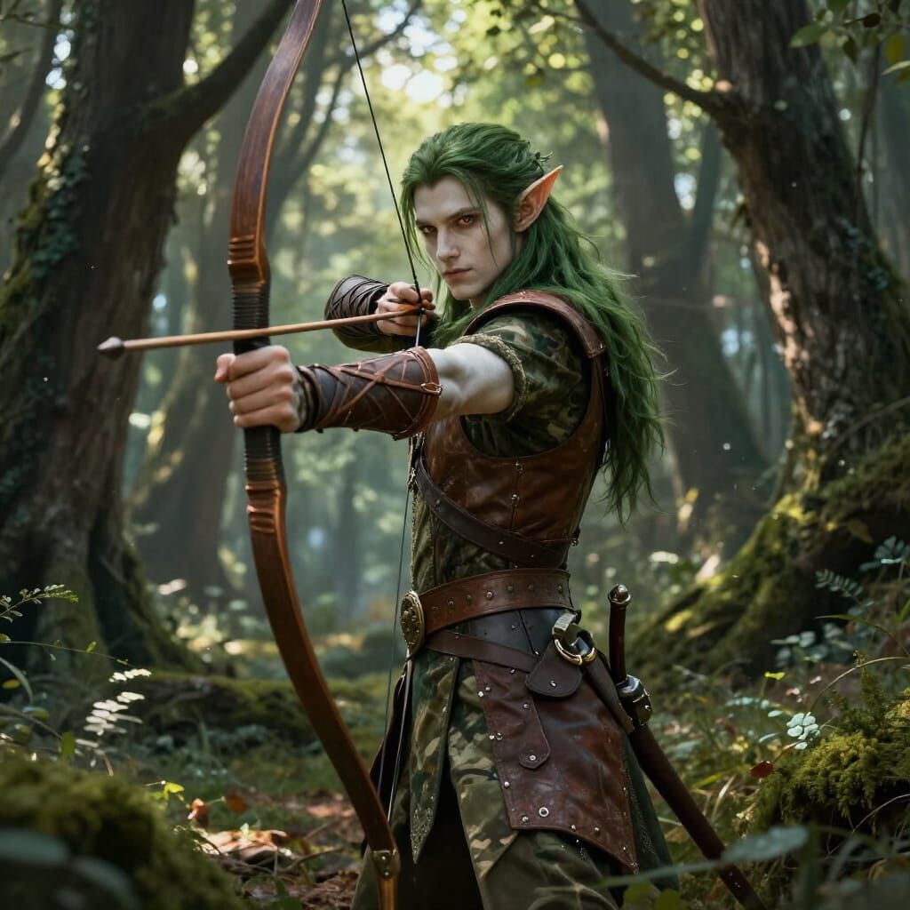 Fantasy Elf Archer in Sunlit Forest Clearing