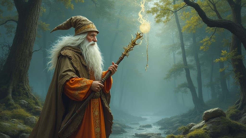 Mystical Wizard Surveys Ancient Forest in Vibrant Orange Rob...