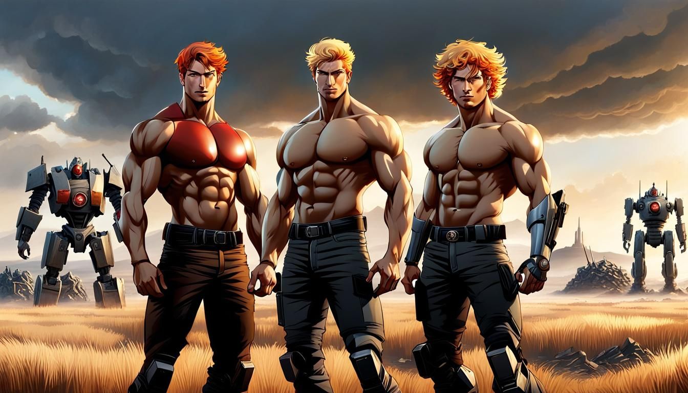 Apocalyptic Survivors: Three Nude Muscular Boys