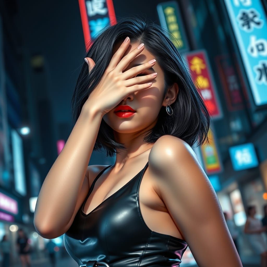 Asian Woman in Futuristic City at Night
