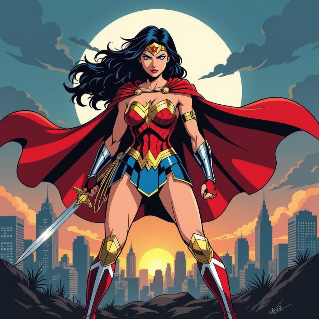 Wonder Woman in Manga Style Cityscape