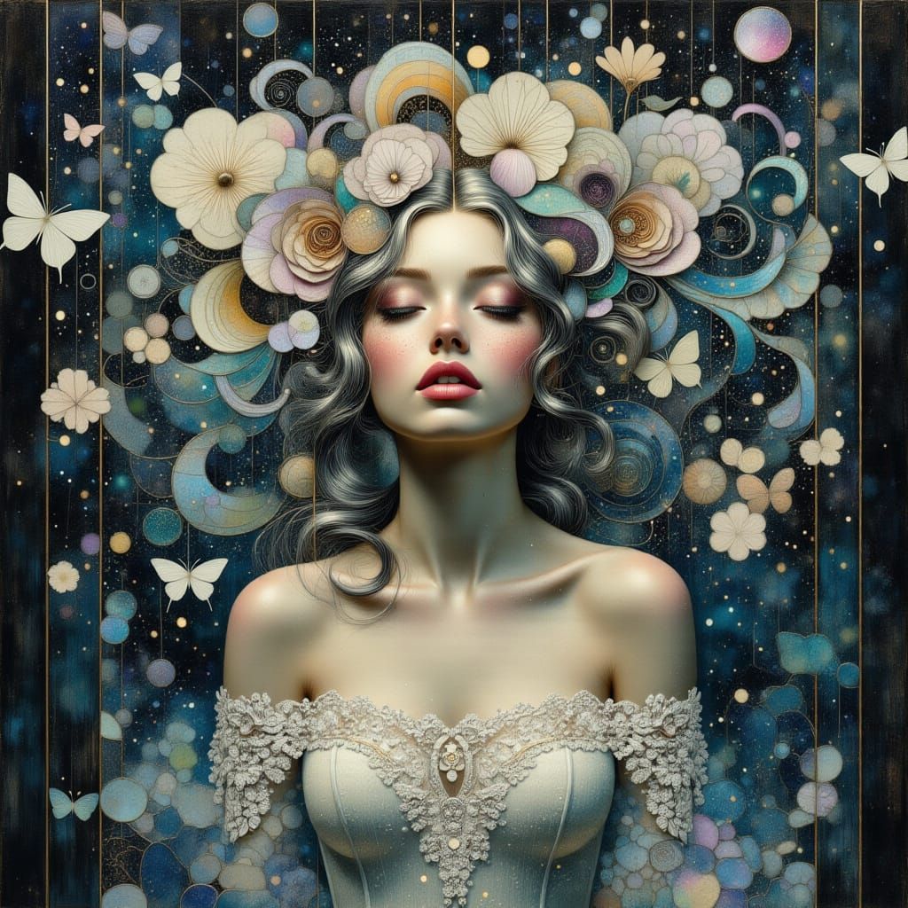 Ethereal Sorceress Dissolving into Holographic Paper