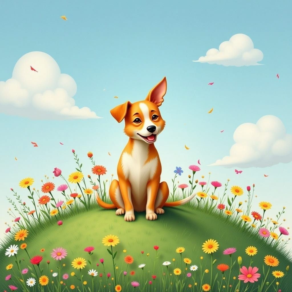 Dog on Grassy Hill in Whimsical Style
