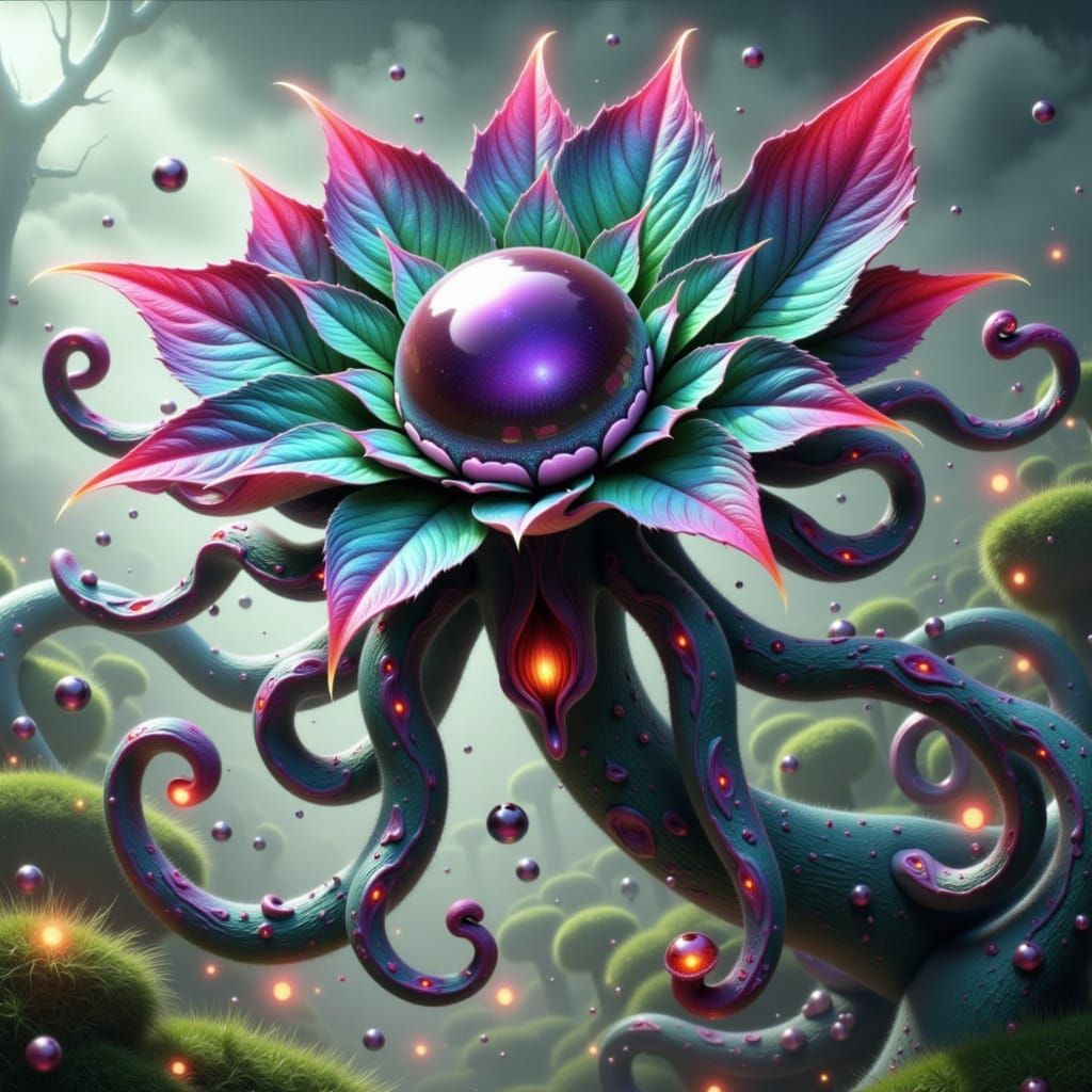 Iridescent Alien Plant in Neon Forest