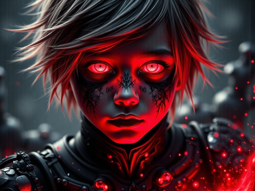 Sinister Blond Boy with Red Highlights in Dark Armor