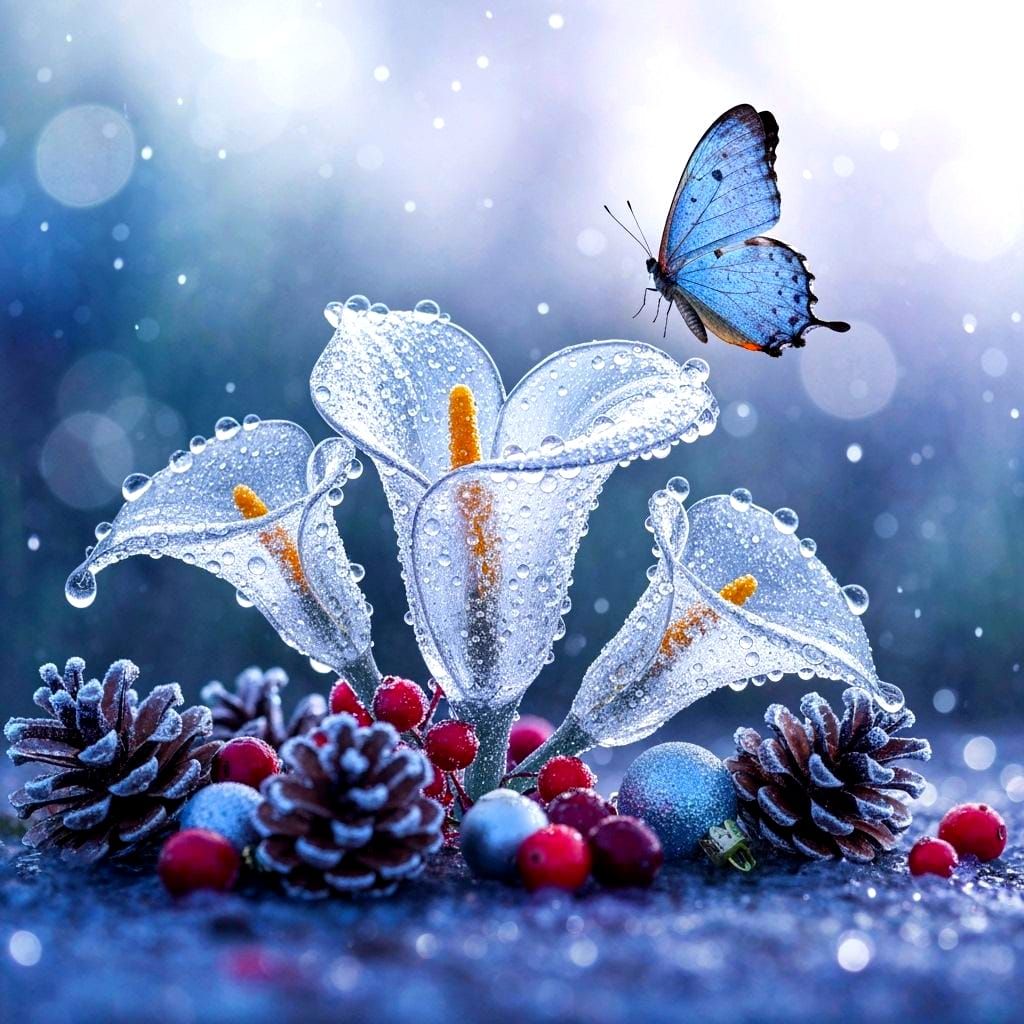 Crystal Ice Calla Lilies with Pinecones and Baubles