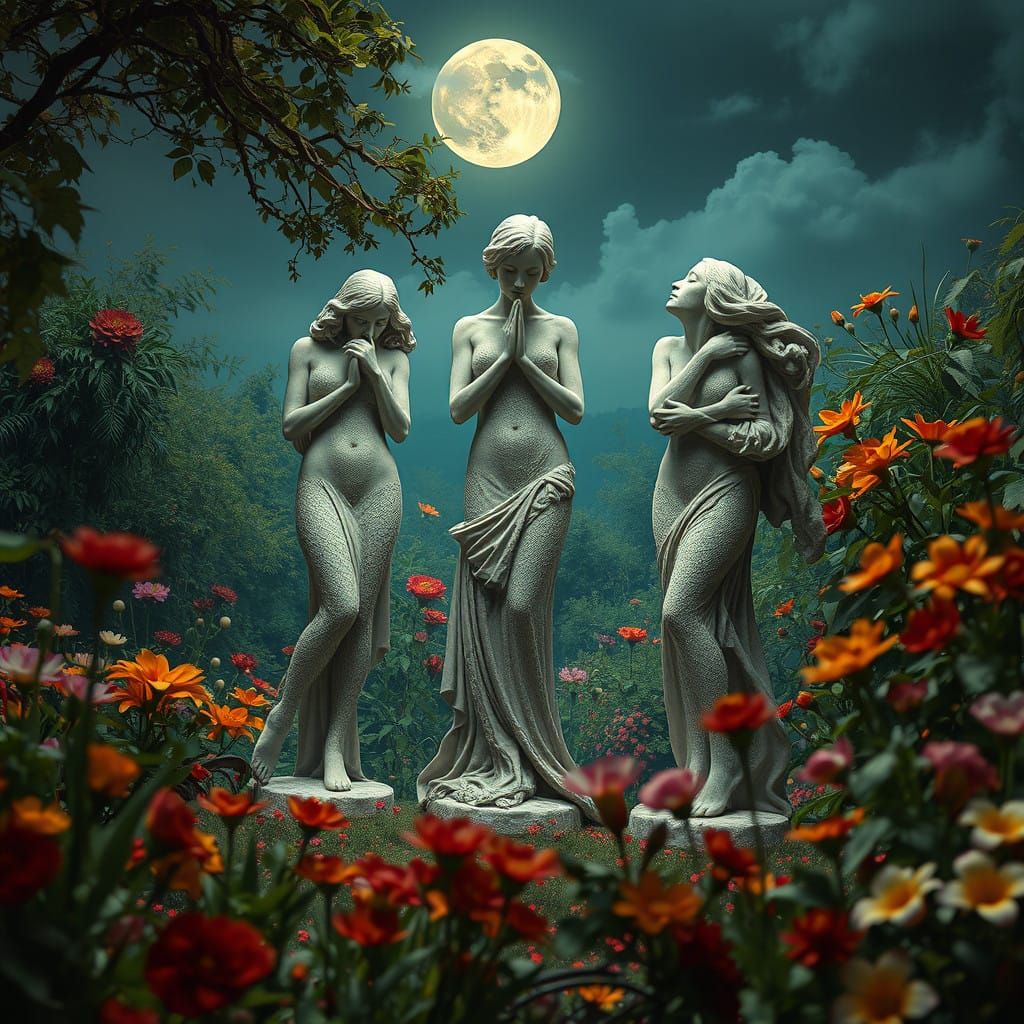 Figurative Sculptures in a Dreamlike Moonlit Garden