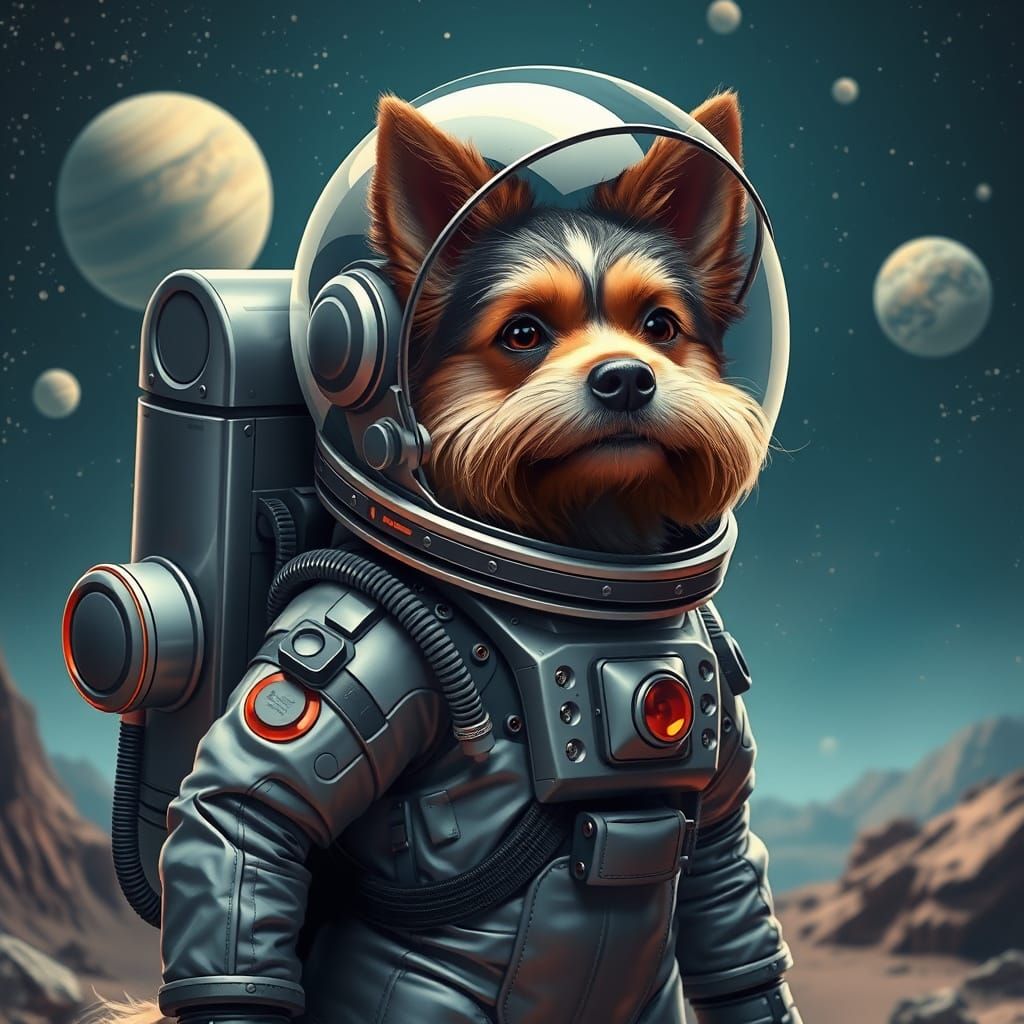 An anthropomorphic dog in a spacesuit
