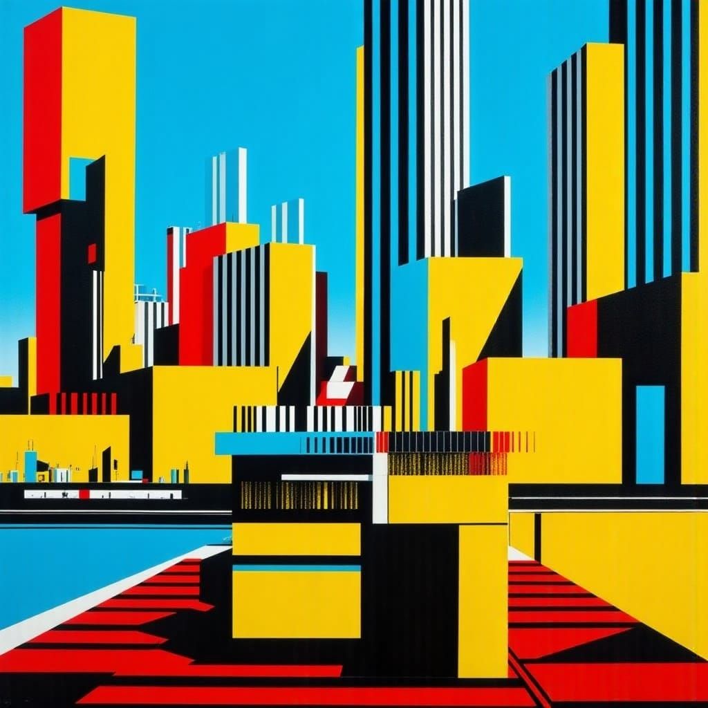 Vibrant Futuristic Cityscape in Triadic Colors