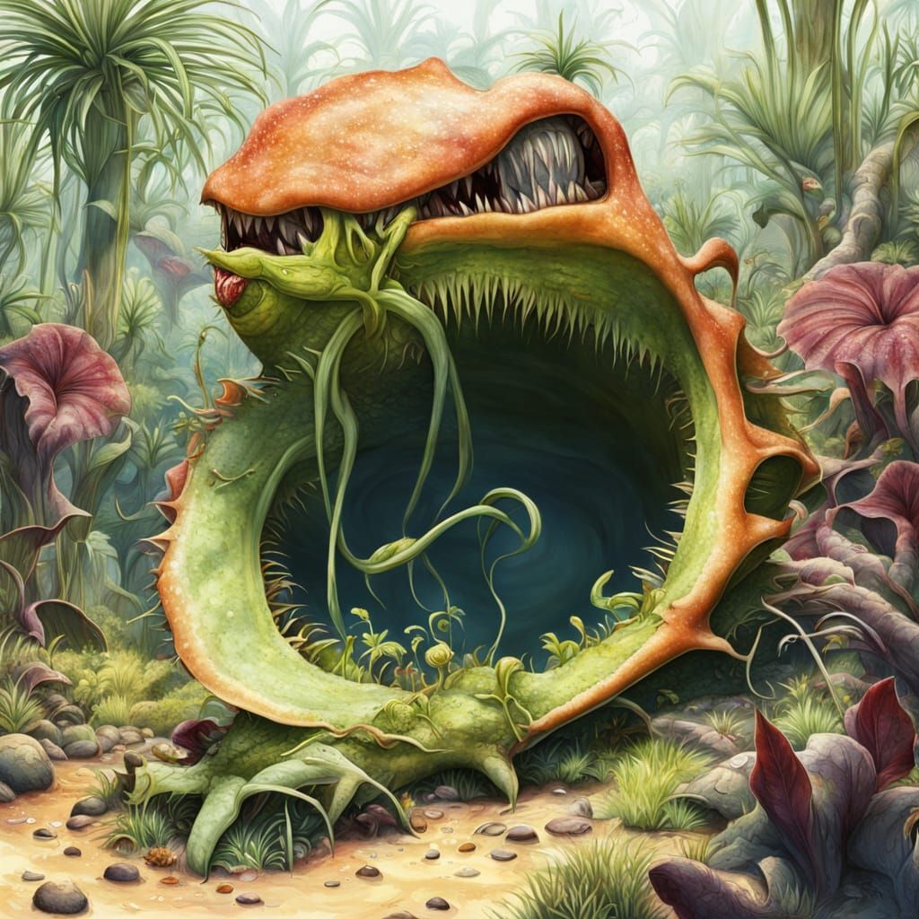 huge carnivorous plant laying ambush in an oasis, the plant'...