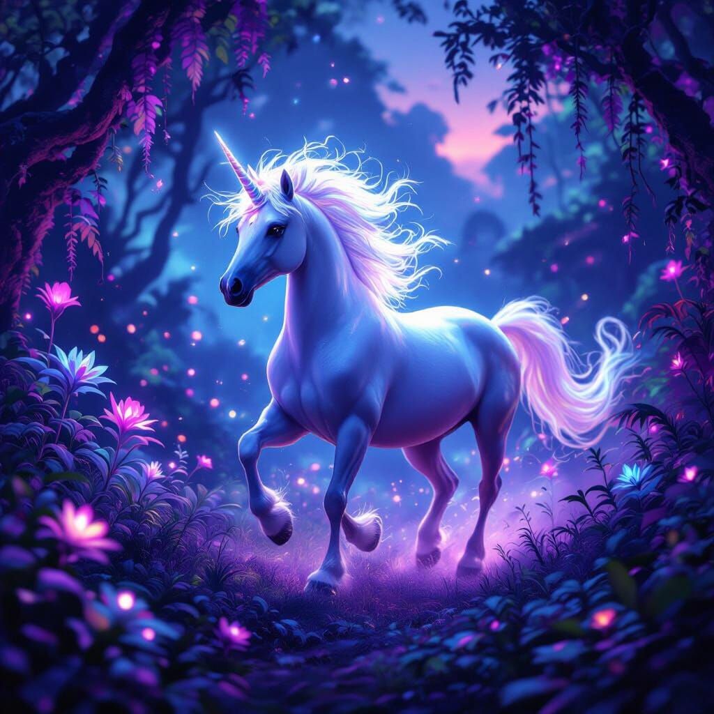 Ethereal Unicorn Galloping Through Bioluminescent Jungle