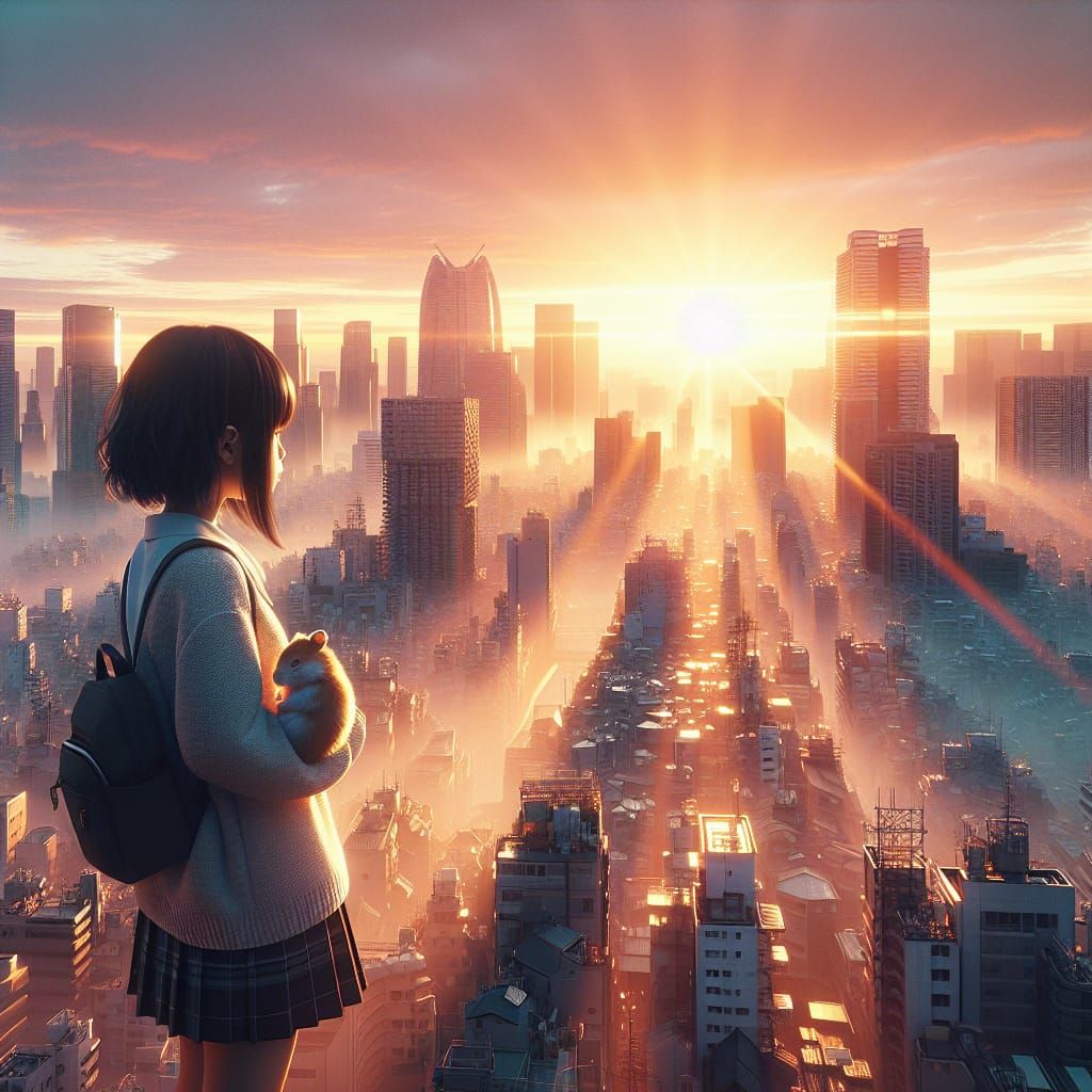 Japanese Girl and Hamster at Urban Sunrise