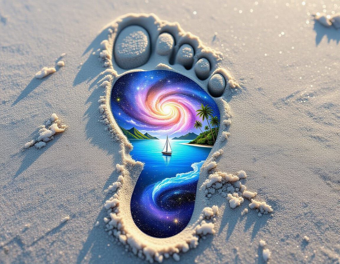 Galaxy Footprint in Sand with Ocean and Islands