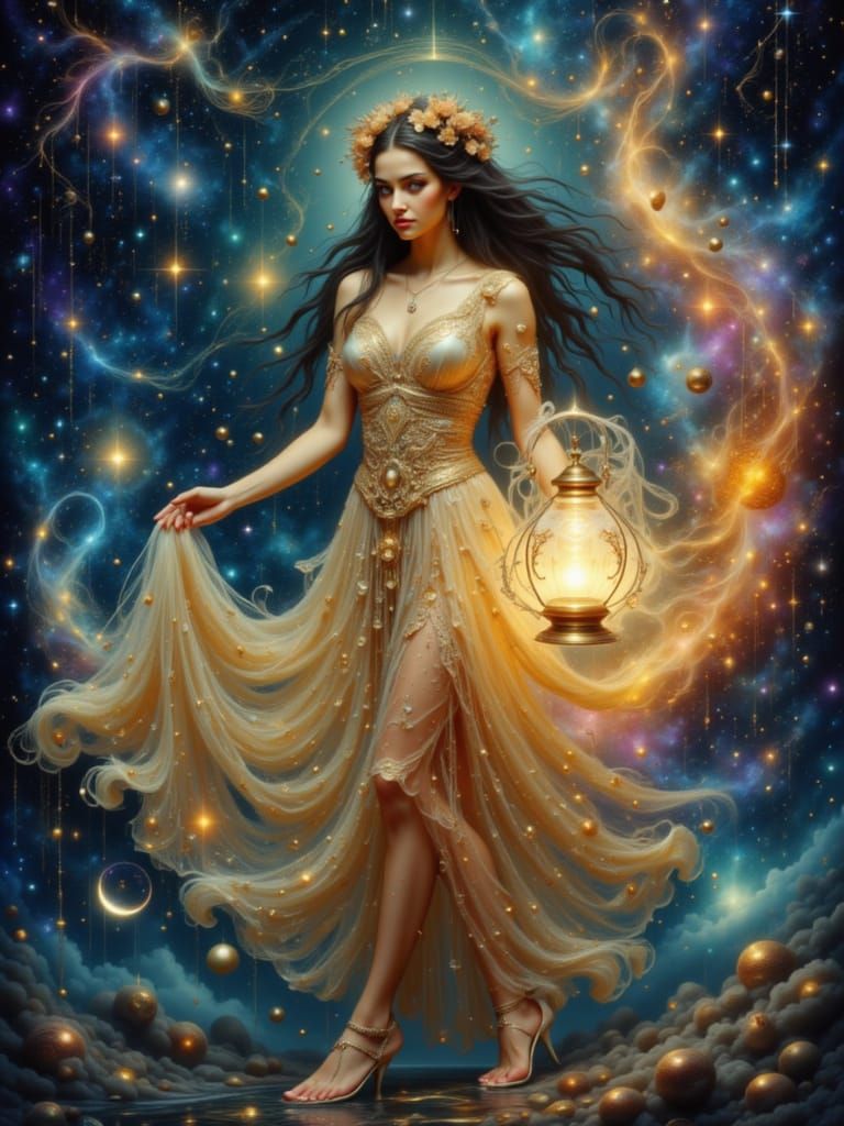 Cosmic Woman with Lantern in Art Nouveau Style