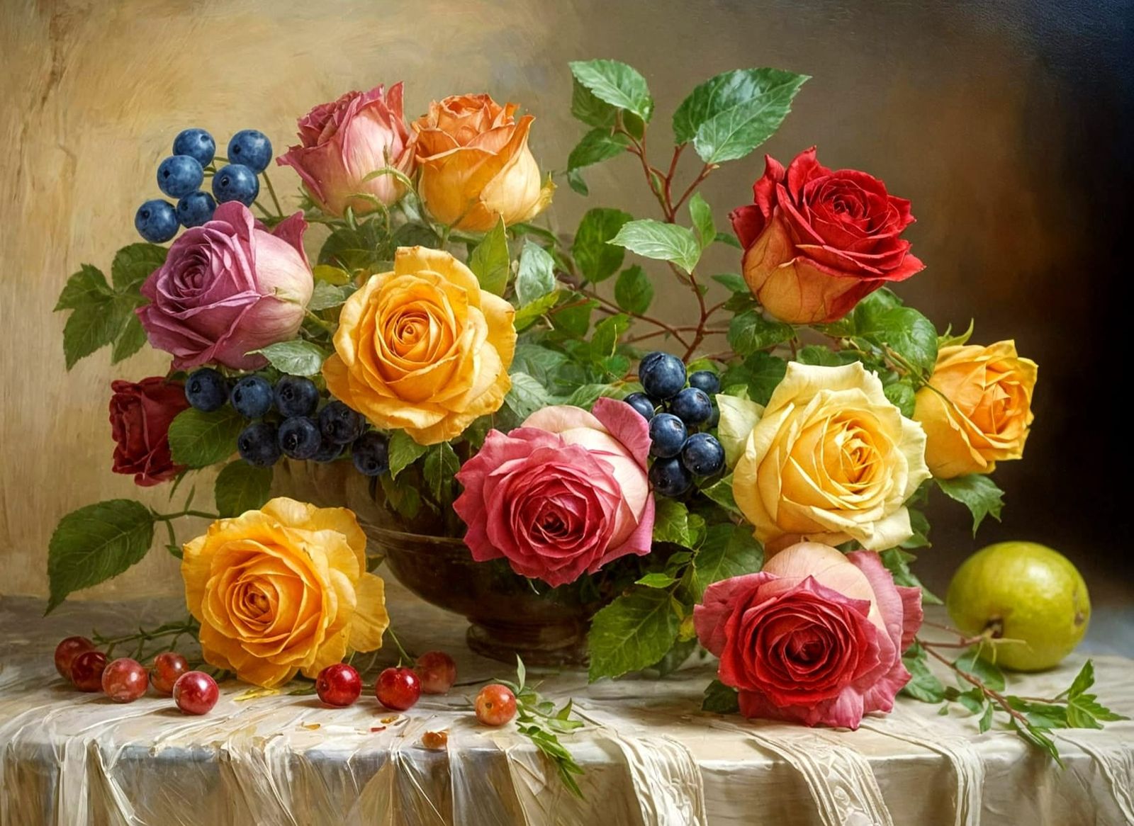 Vibrant Roses and Grapes Still Life: Impressionist Painting