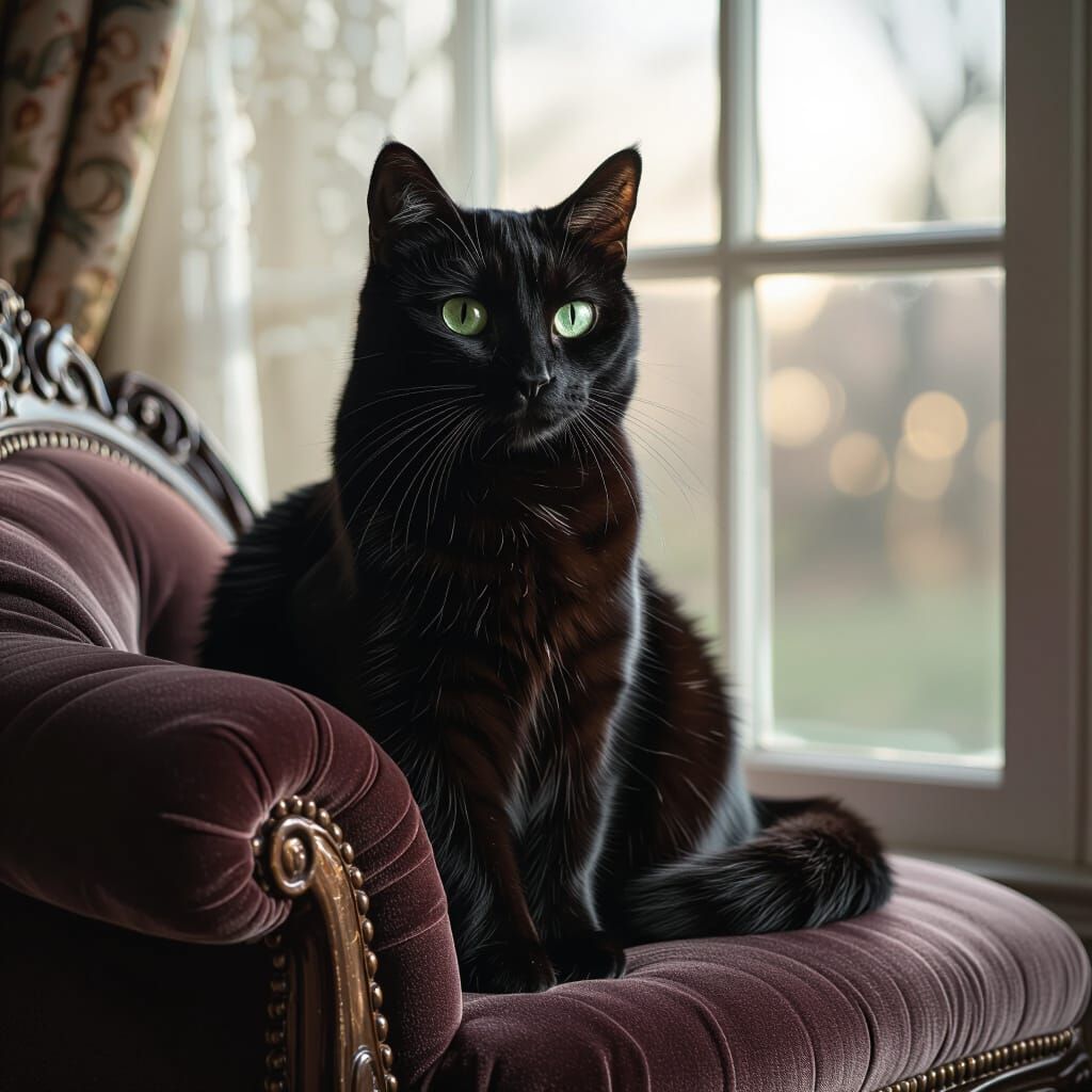 Regal Black Cat with Emerald Eyes in Moonlight