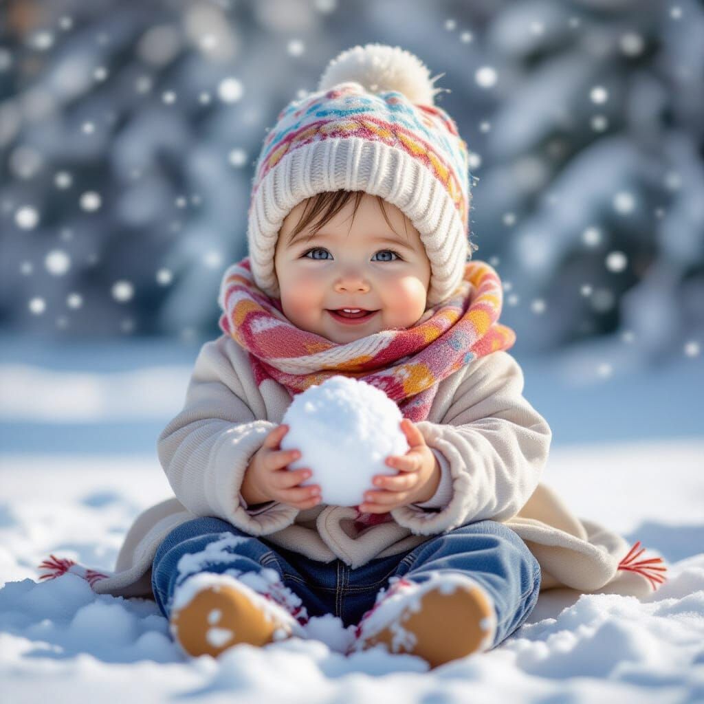 Cute Baby in Winter Sitting on Snow Holding Snowball
