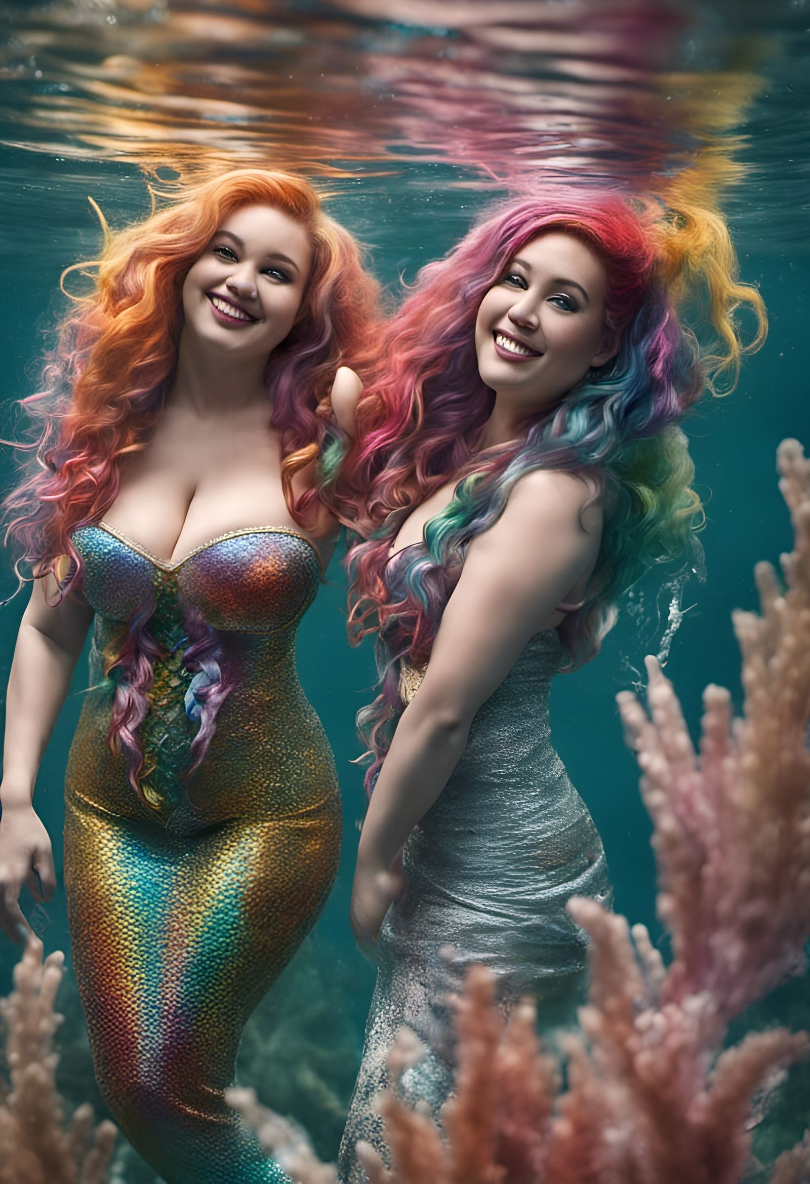 Voluptuous mermaids in the water