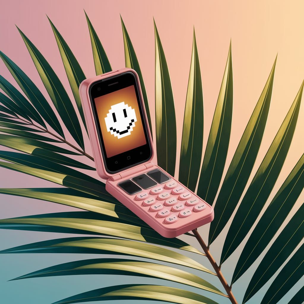 Y2K Flip Phone on Palm Leaves in Vector Illustration
