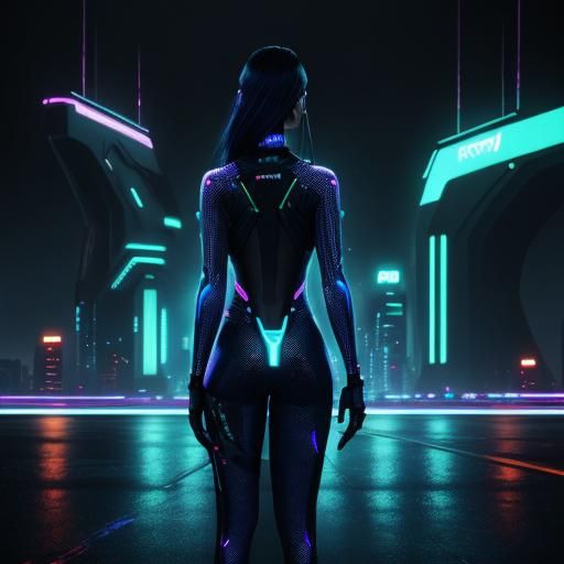 Fatima in Neon Cyberpunk Cityscape, Tron-Inspired