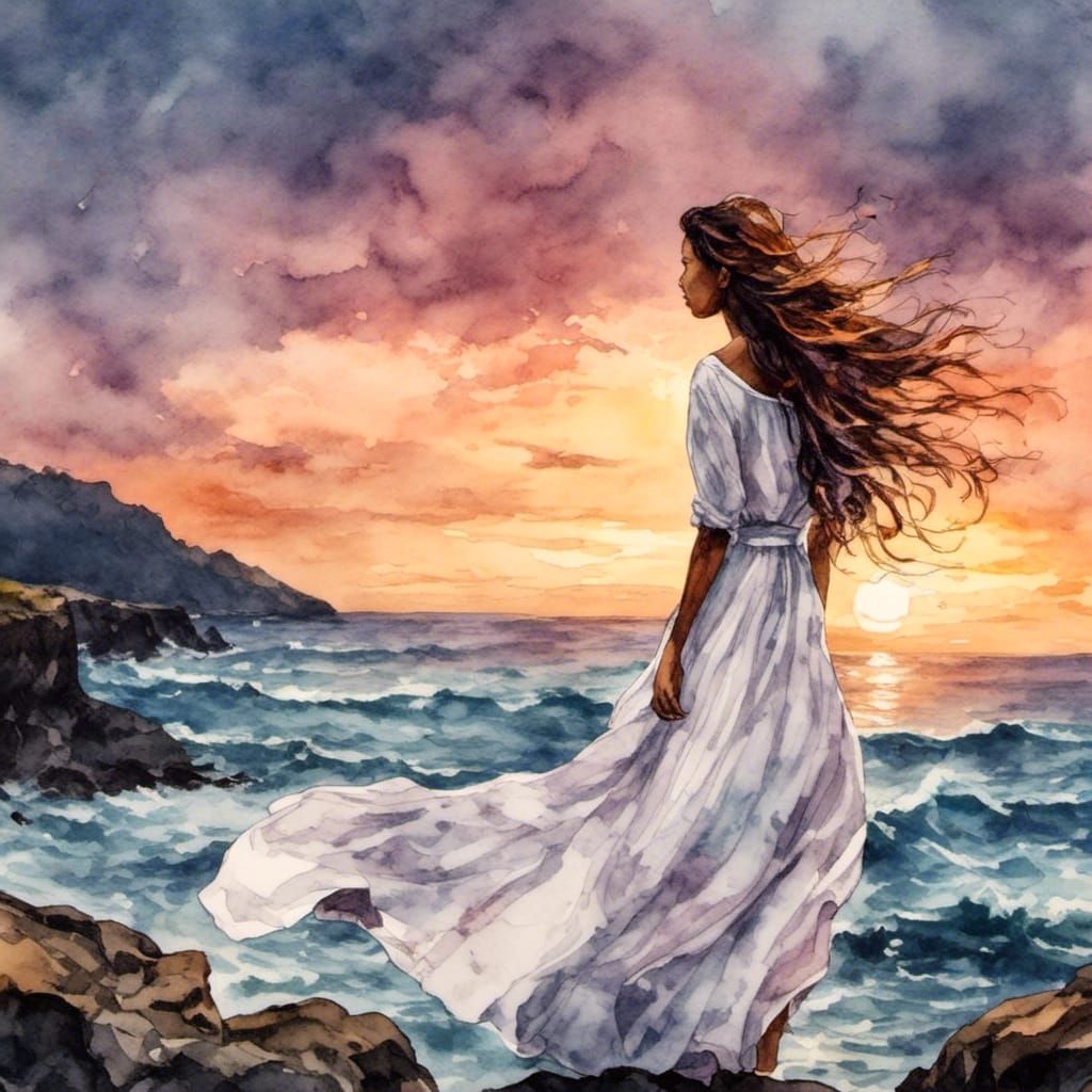 Romantic Woman on Cliff: Watercolor Sunset Scene