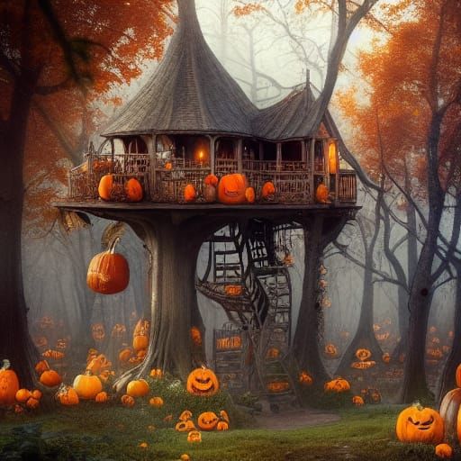 Haunted Treehouse with Pumpkins and Fairies