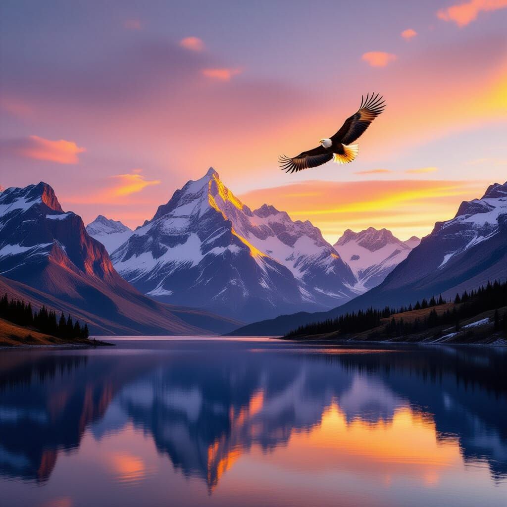Majestic Mountain Peaks at Golden Hour with Soaring Eagle