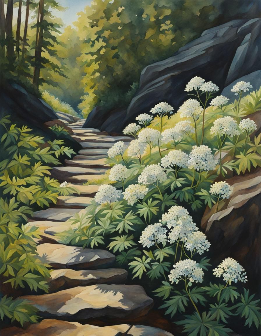 Water Hemlock Flowers Along Rock Pathway in Parallax