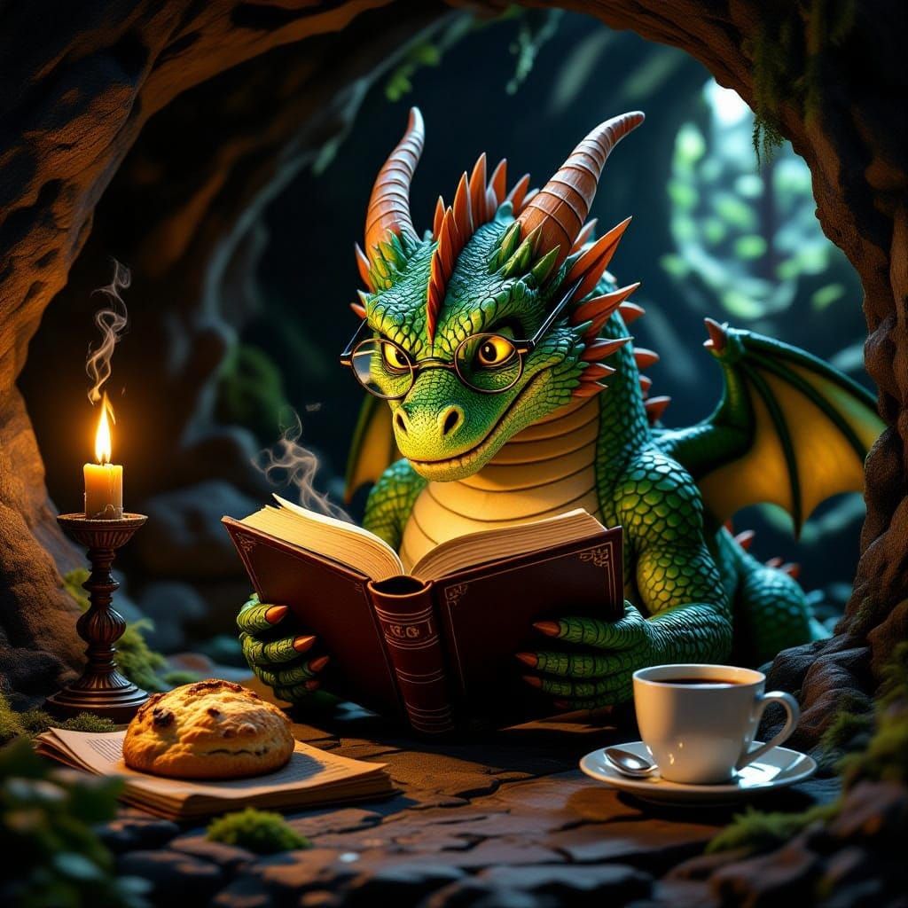 Emerald Dragon Reading in Cozy Cave with Coffee